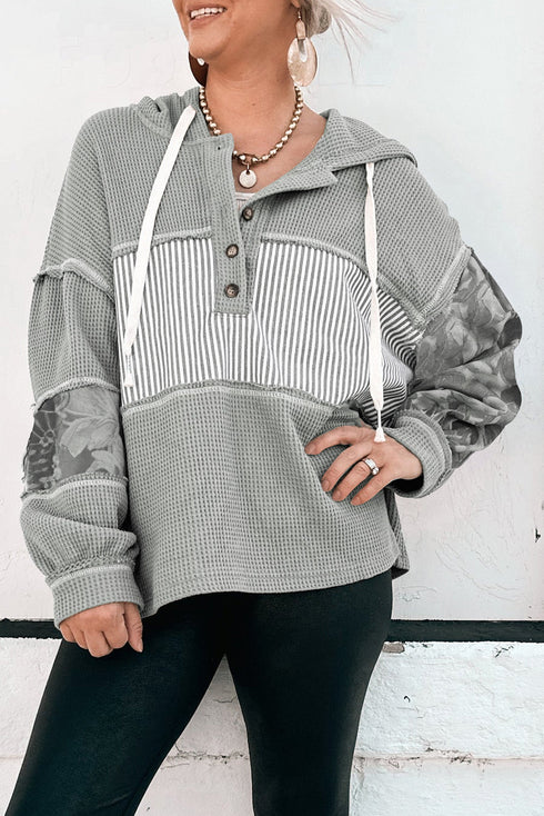 Waffle Knit Stripe Patchwork Henley Drawstring Hood Drop Shoulder Long Sleeve Top